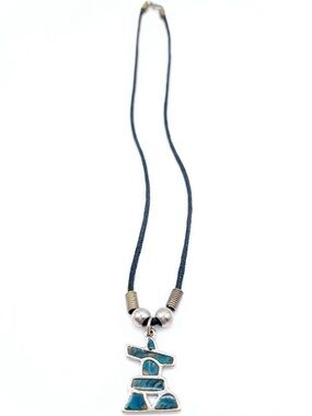 Vintage Inukshuk Pendant Necklace Black Cord Blue Green Tribal Boho